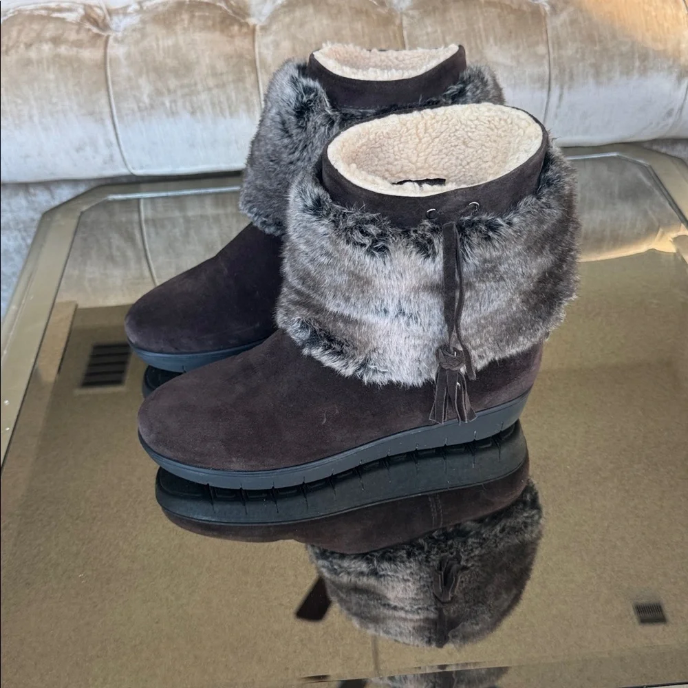Aquatalia Brown Suede Faux Fur Trim Tassel‎ Wedge Boots Womens 6.5